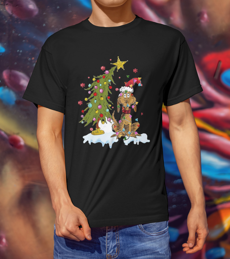 Christmas Max Dog Wrapped In Lights With Grinch Tree Scene T-Shirt