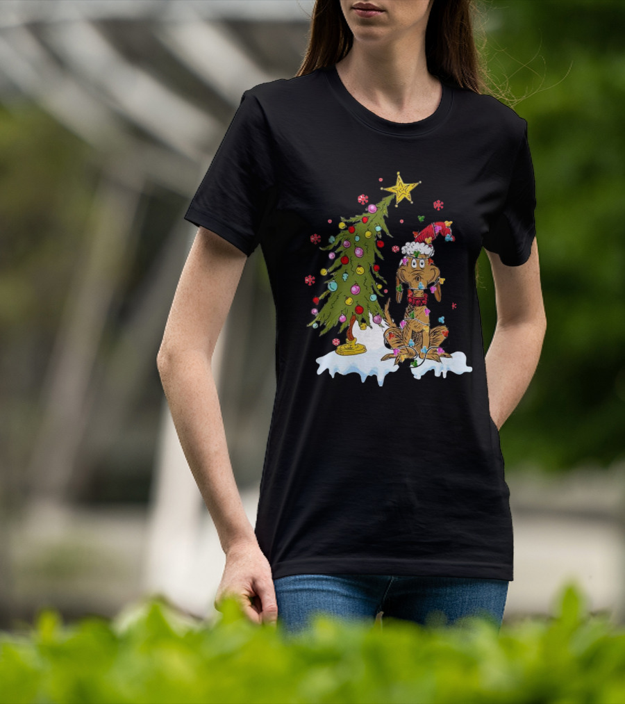 Christmas Max Dog Wrapped In Lights With Grinch Tree Scene T-Shirt