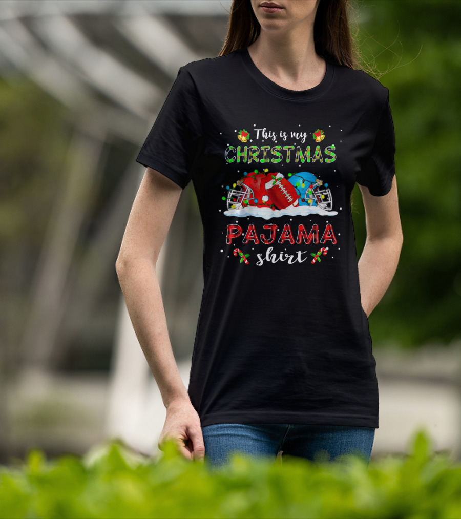 This Is My Christmas Pajama Shirt Football Helmets Candy Canes Snowflakes T-Shirt
