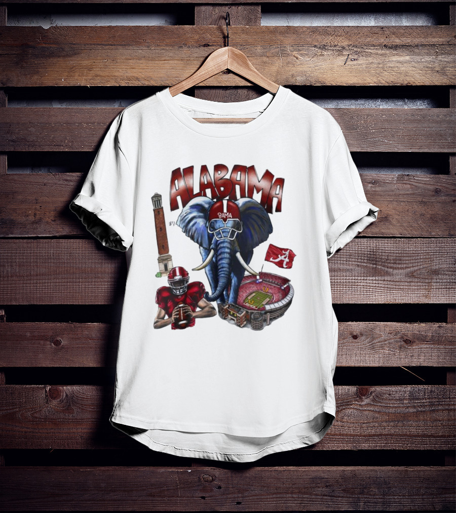 Alabama Crimson Tide Football Elephant Stadium Football Player Old Main Tower Bama T-Shirt