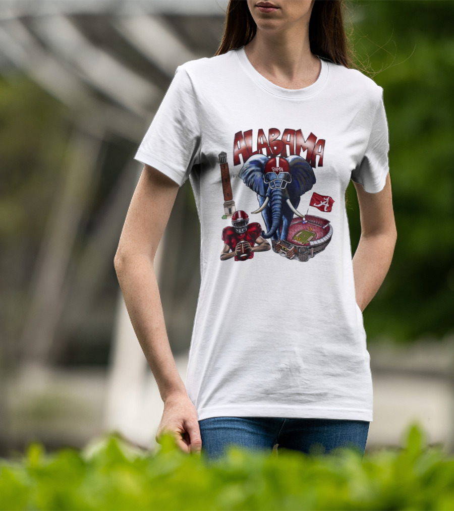 Alabama Crimson Tide Football Elephant Stadium Football Player Old Main Tower Bama T-Shirt