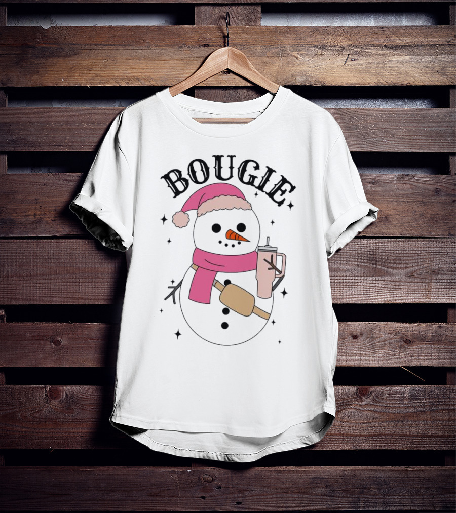 BOUGIE Snowman In Pink Hat And Scarf With Drink Cup T-Shirt