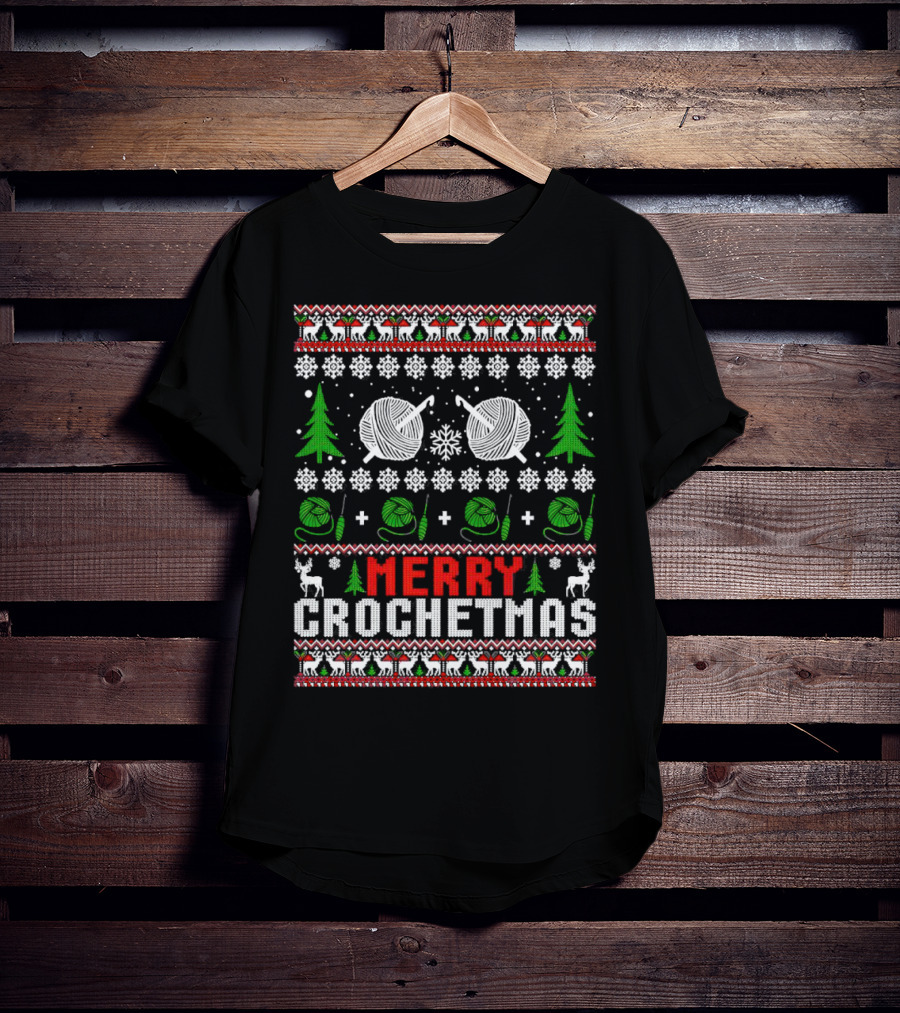 Merry Crochetmas Christmas Yarn Balls Snowflakes Trees Reindeer T-Shirt