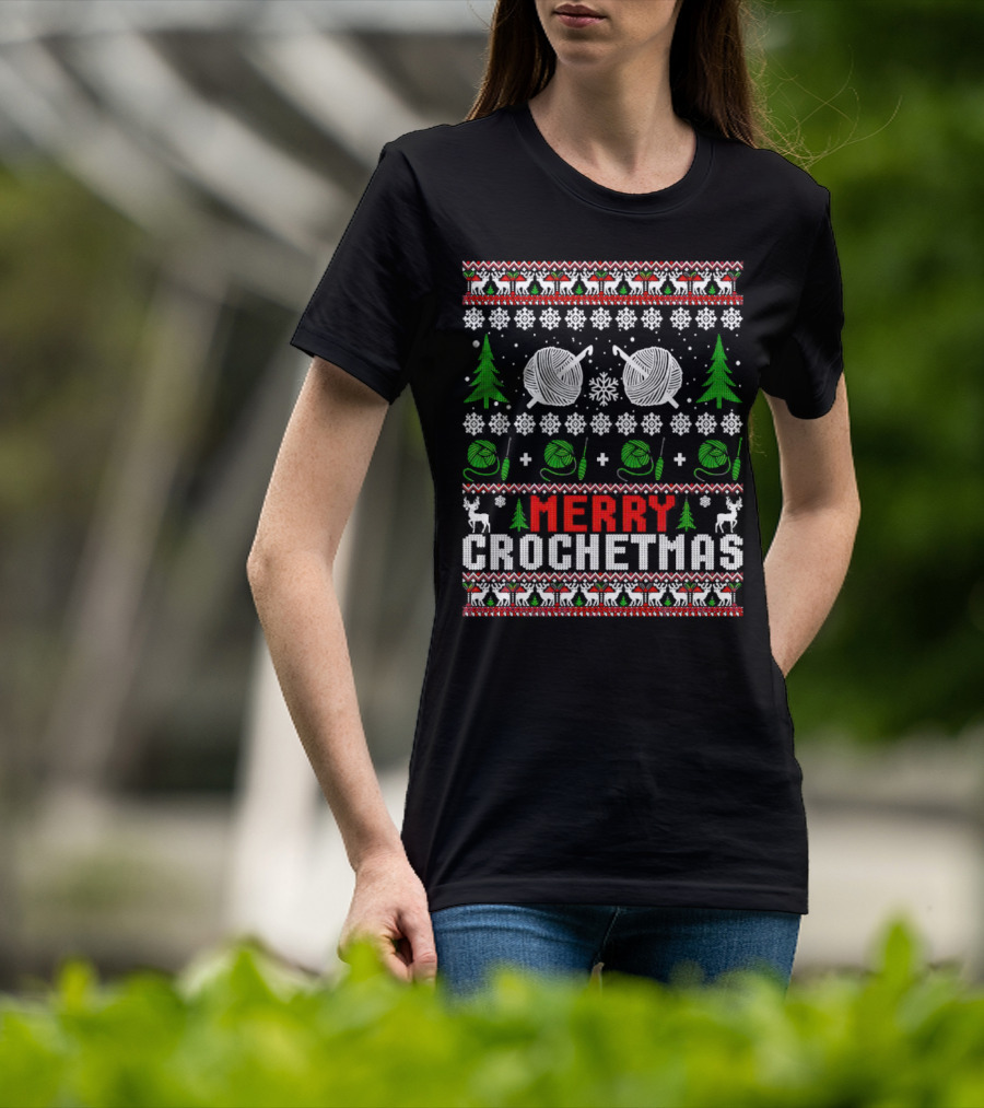 Merry Crochetmas Christmas Yarn Balls Snowflakes Trees Reindeer T-Shirt