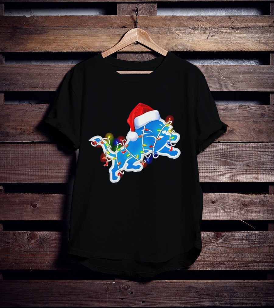 Detroit Lions Christmas Lights Santa Hat Holiday Football T-Shirt