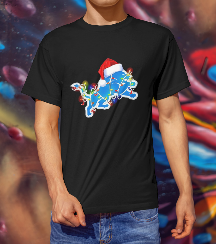Detroit Lions Christmas Lights Santa Hat Holiday Football T-Shirt