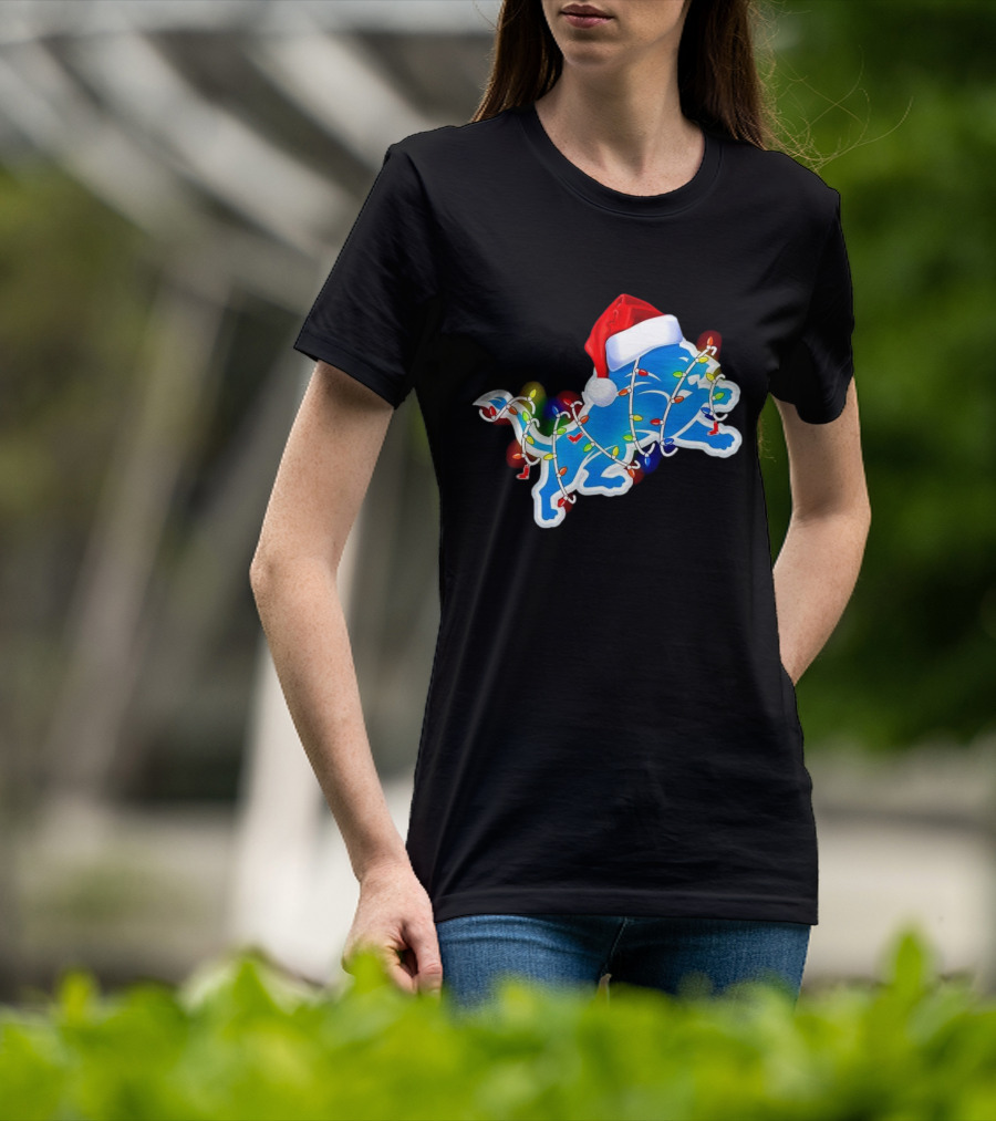Detroit Lions Christmas Lights Santa Hat Holiday Football T-Shirt
