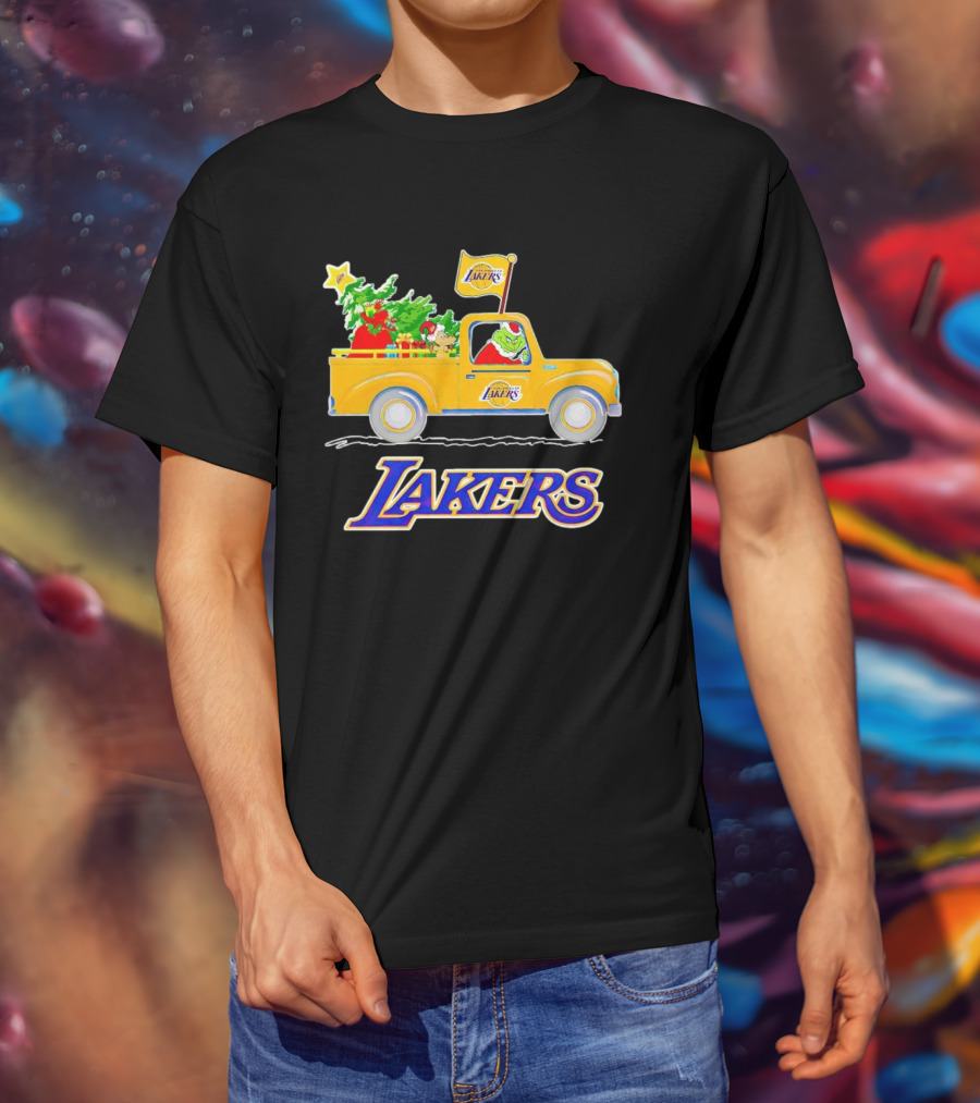 Grinch Driving Los Angeles Lakers Truck With Christmas Tree T-Shirt