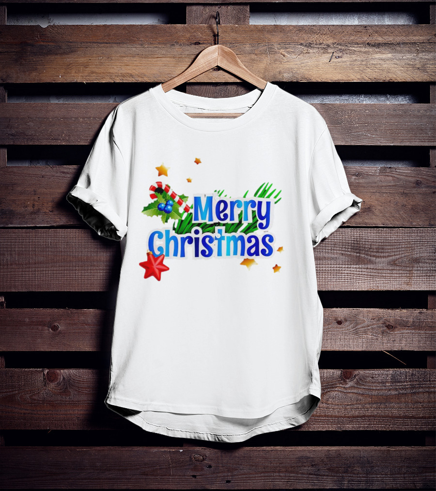 Merry Christmas Candy Cane Holly Pine Red Star T-Shirt