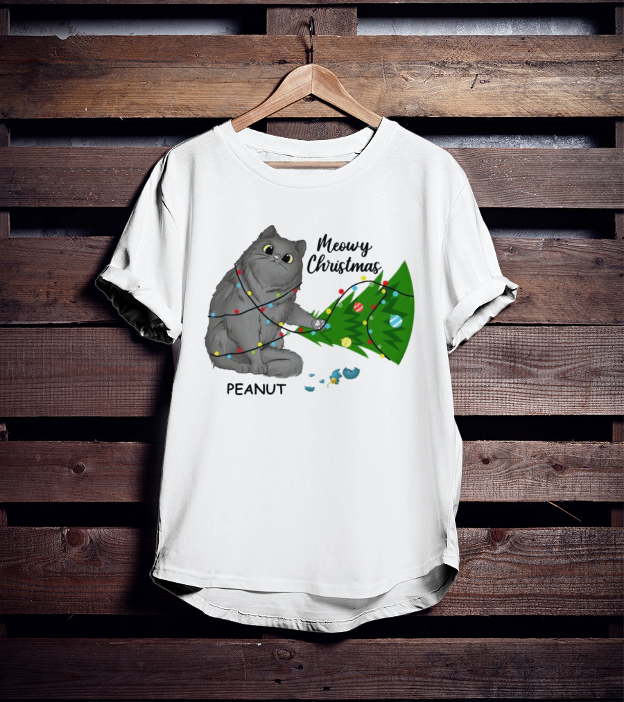 Meowy Christmas Cat Wrapped In Lights With Custom Name Peanut T-Shirt