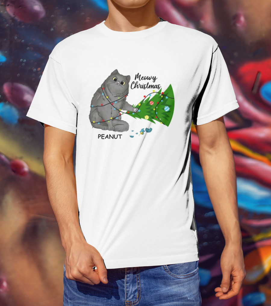 Meowy Christmas Cat Wrapped In Lights With Custom Name Peanut T-Shirt