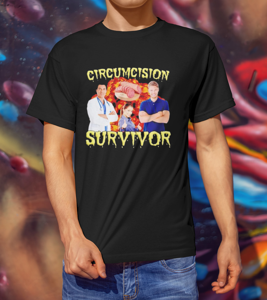 Circumcision Survivor Smiling Group Salami Background T-Shirt