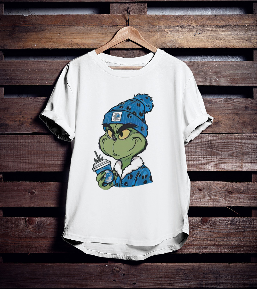 Grinch Wearing Detroit Lions Winter Outfit Holding Drink Christmas T-Shirt