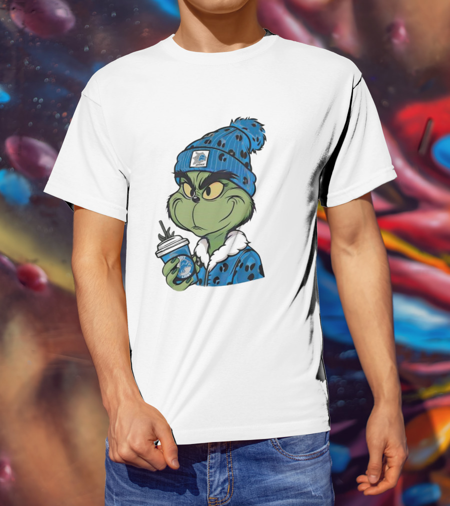 Grinch Wearing Detroit Lions Winter Outfit Holding Drink Christmas T-Shirt