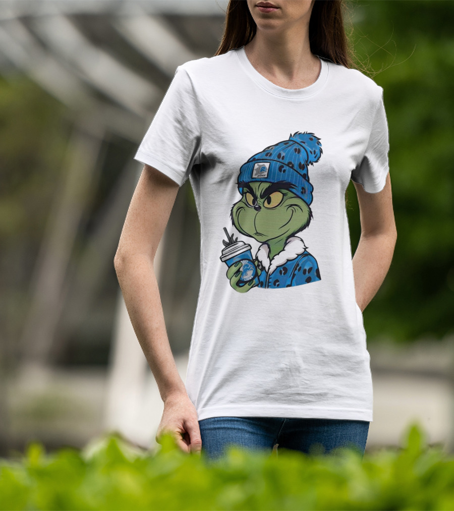 Grinch Wearing Detroit Lions Winter Outfit Holding Drink Christmas T-Shirt