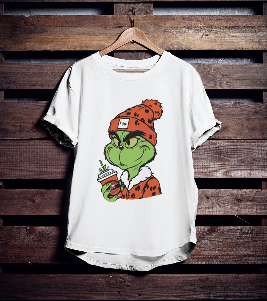 Grinch Wears Orange Beanie Holds Browns Mug Christmas T-Shirt