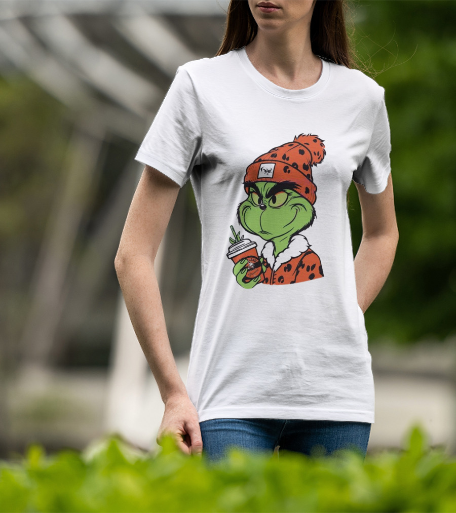 Grinch Wears Orange Beanie Holds Browns Mug Christmas T-Shirt