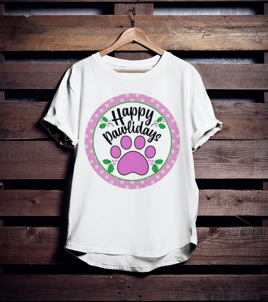 Happy Pawlidays Pink Paw Print With Holly Border Christmas T-Shirt