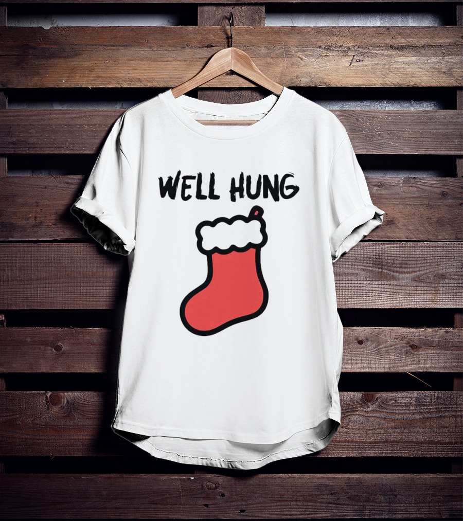 Well Hung Red Christmas Stocking Holiday Pun T-Shirt