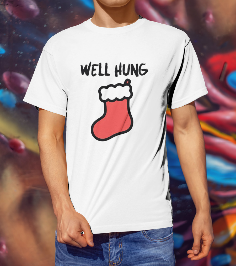 Well Hung Red Christmas Stocking Holiday Pun T-Shirt