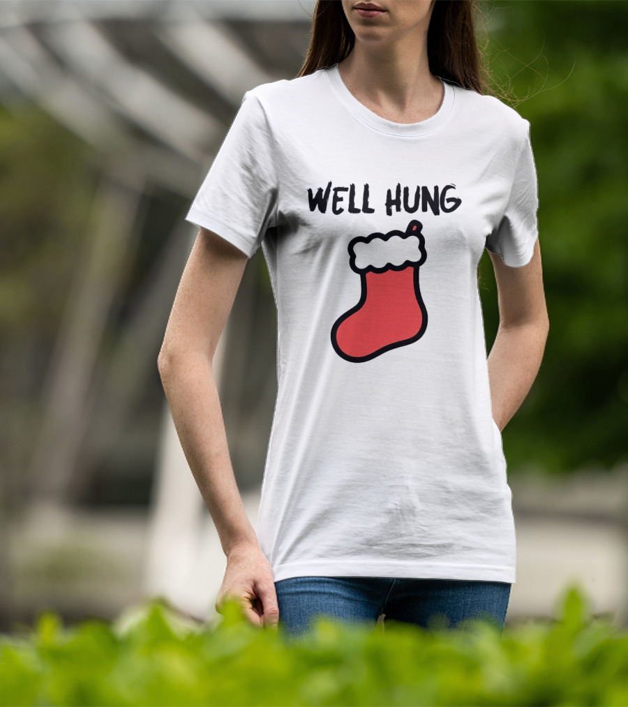 Well Hung Red Christmas Stocking Holiday Pun T-Shirt