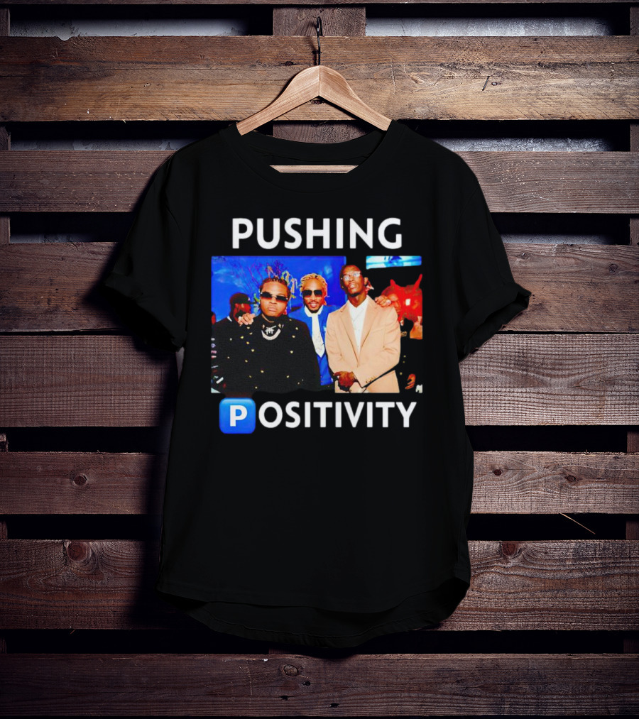 Pushing Positivity Iconic Trio With Blue Background T-Shirt