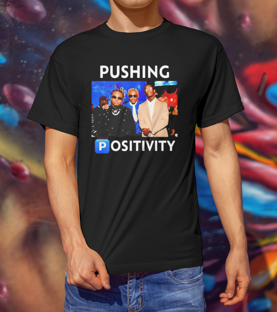 Pushing Positivity Iconic Trio With Blue Background T-Shirt