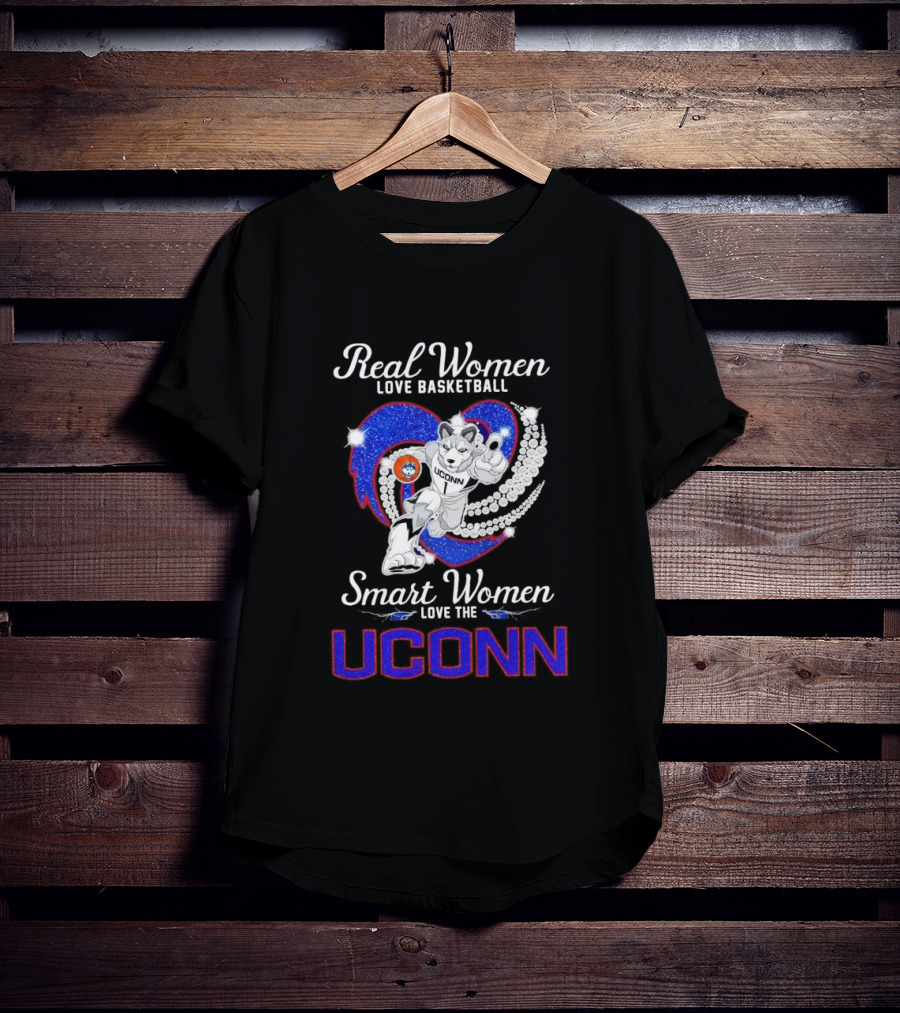 Real Women Love Basketball Smart Women Love The UConn Huskies UConn Basketball Fan Heart T-Shirt