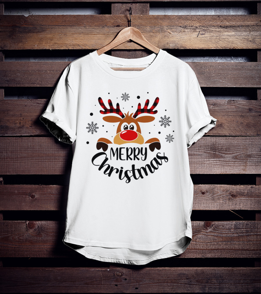 Reindeer Merry Christmas Plaid Antlers Snowflake T-Shirt