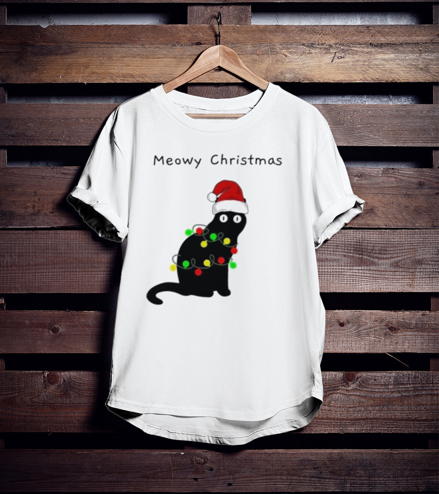 Meowy Christmas Santa Cat With Lights T-Shirt