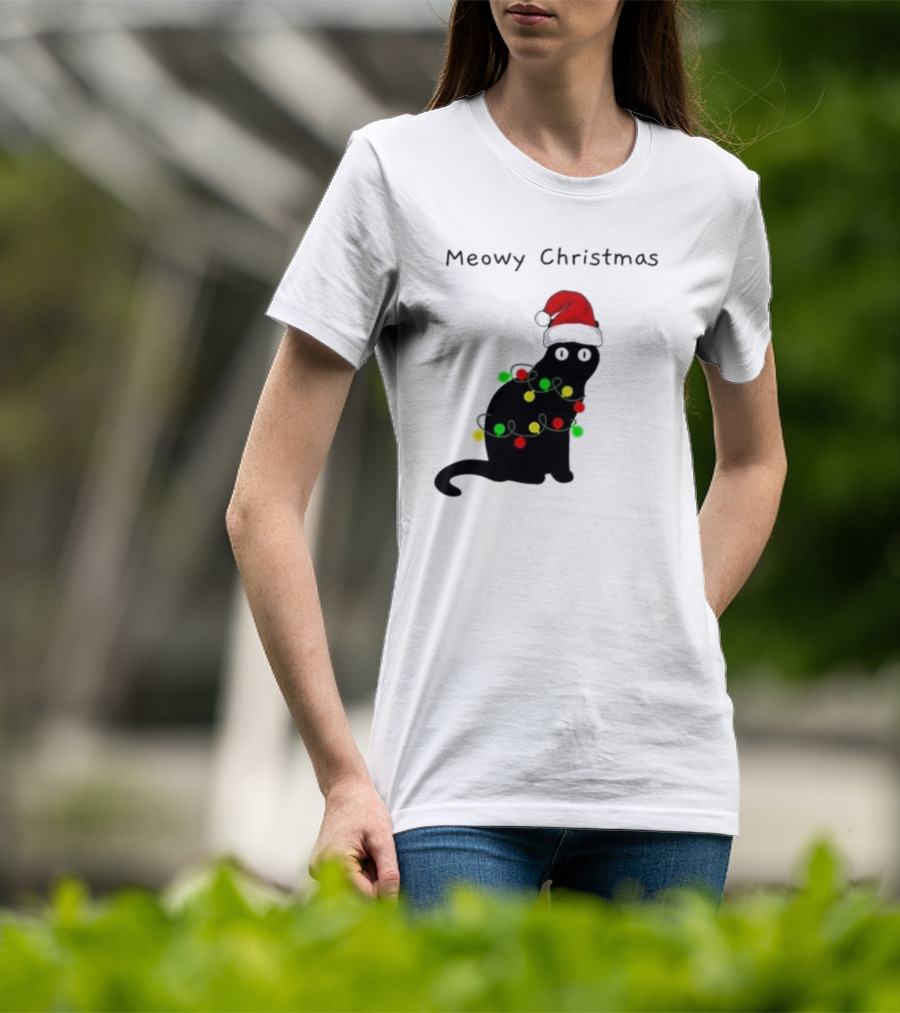 Meowy Christmas Santa Cat With Lights T-Shirt