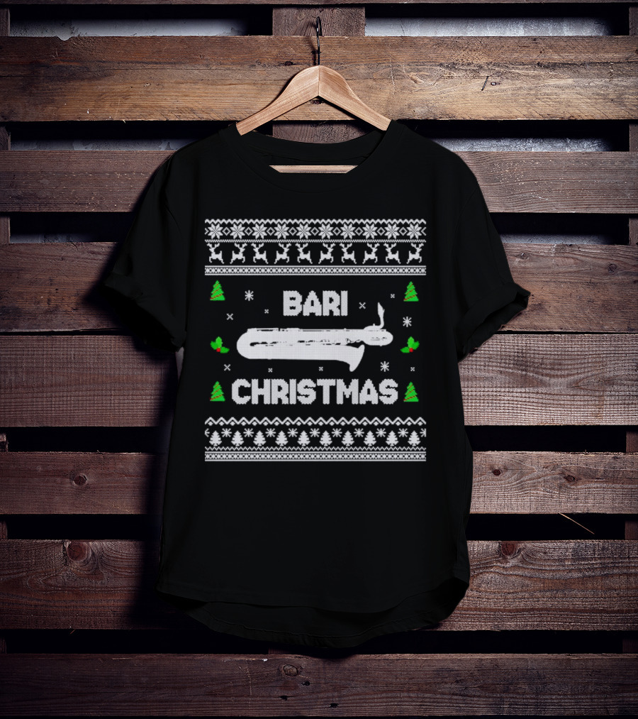 Bari Christmas Saxophone Ugly Sweater Reindeer Trees Snowflakes T-Shirt