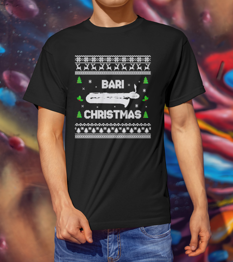 Bari Christmas Saxophone Ugly Sweater Reindeer Trees Snowflakes T-Shirt