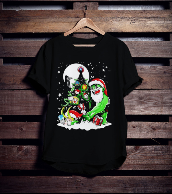 The Avengers Marvel Characters Christmas Tree With Hulk Santa And Superhero Ornaments T-Shirt