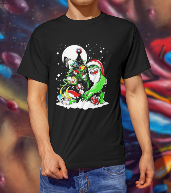 The Avengers Marvel Characters Christmas Tree With Hulk Santa And Superhero Ornaments T-Shirt