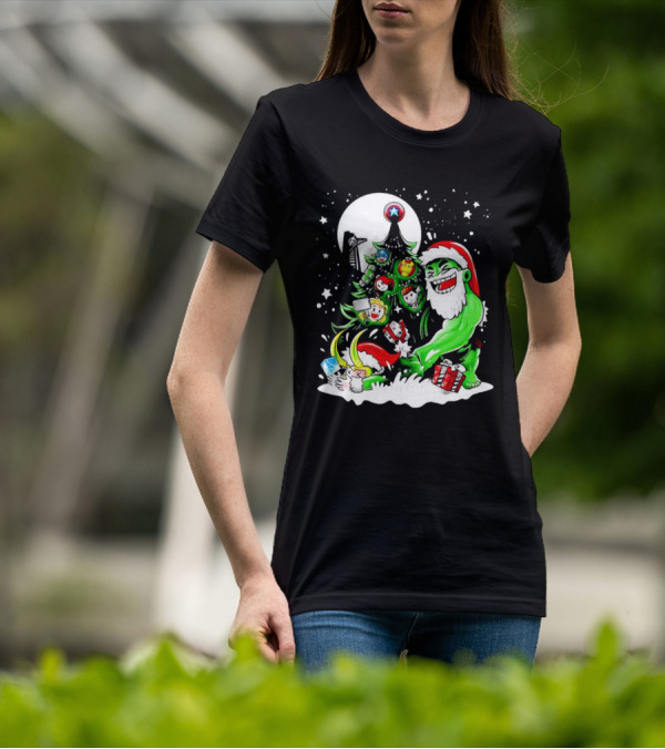 The Avengers Marvel Characters Christmas Tree With Hulk Santa And Superhero Ornaments T-Shirt