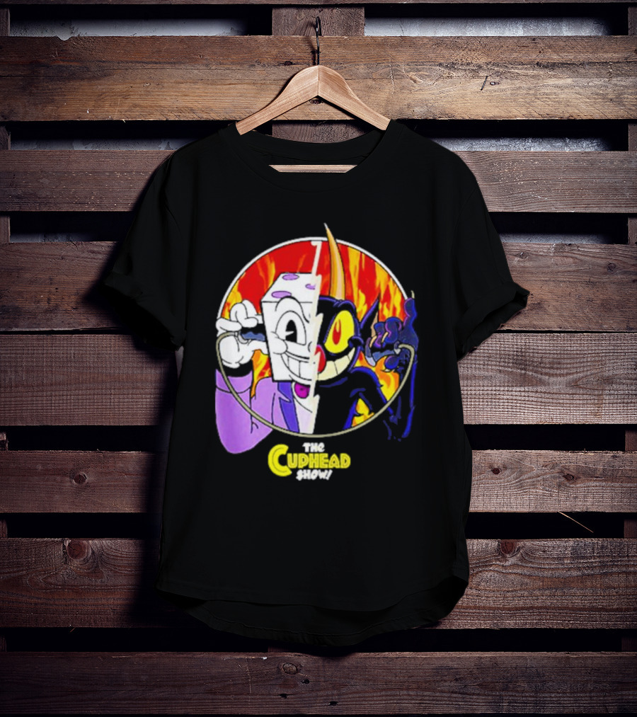 The Cuphead Show King Dice Devil Iconic Faces Fiery Background T-Shirt