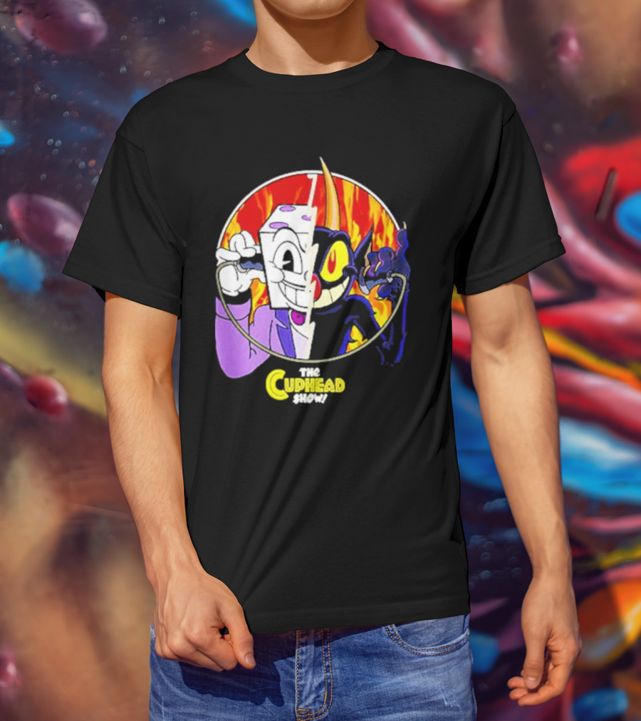 The Cuphead Show King Dice Devil Iconic Faces Fiery Background T-Shirt