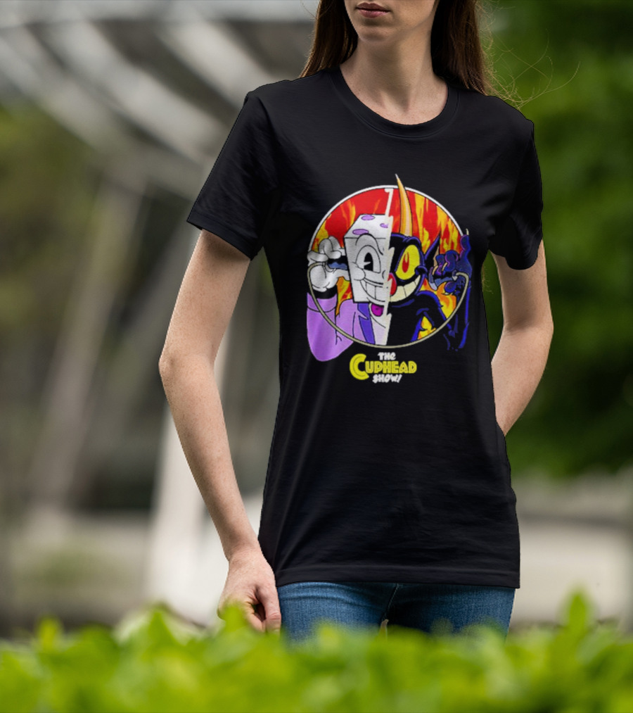 The Cuphead Show King Dice Devil Iconic Faces Fiery Background T-Shirt