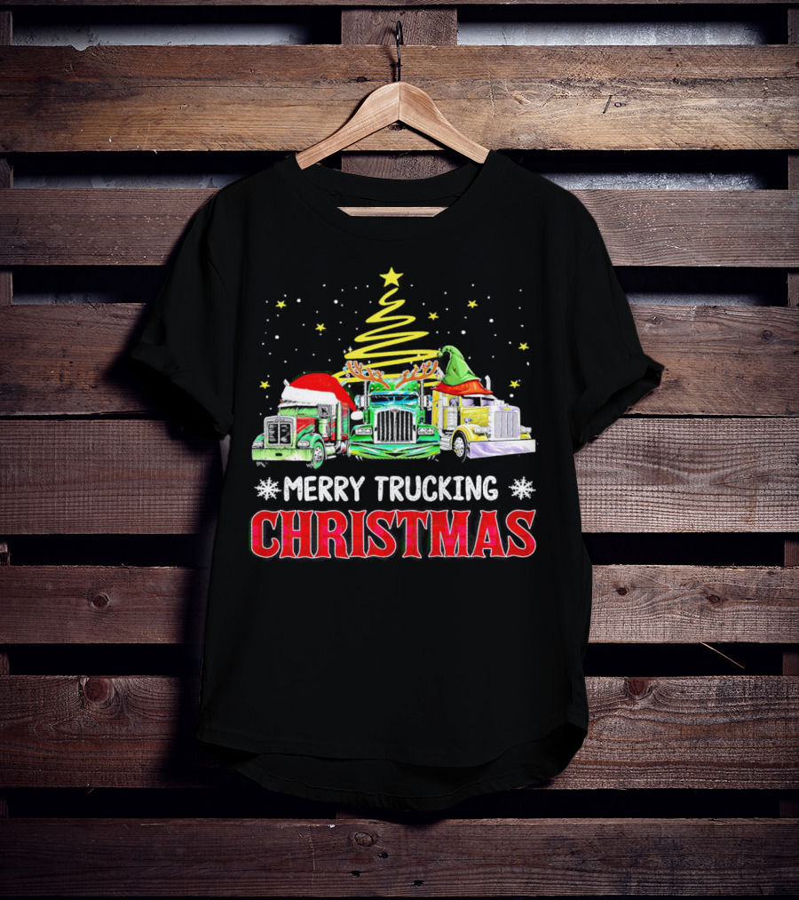 Merry Trucking Christmas With Festive Decorated Trucks And Starry Tree T-Shirt