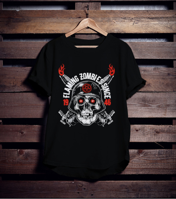 Flaming Zombies Since 1946 Skull With Flaming Bazookas And Pentagram Helmet T-Shirt