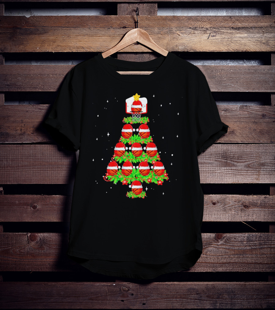 Basketball Hoops And Santa Hats Christmas Tree T-Shirt