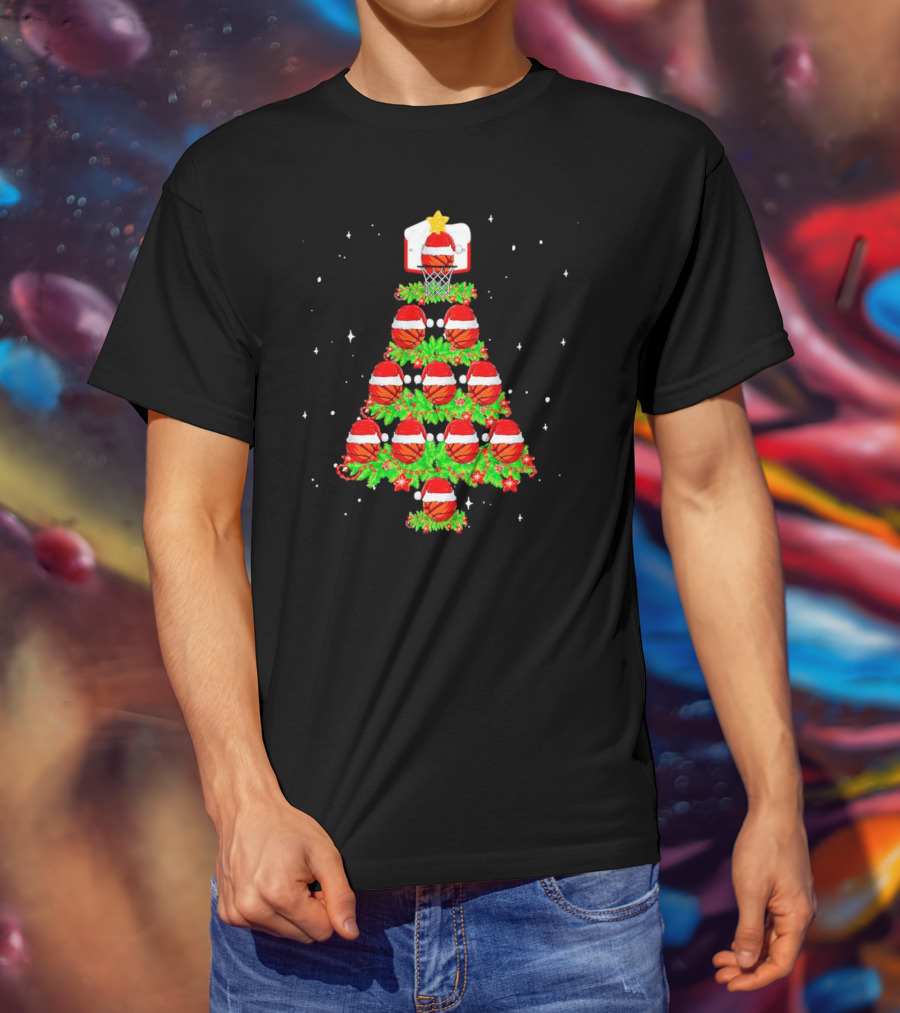 Basketball Hoops And Santa Hats Christmas Tree T-Shirt