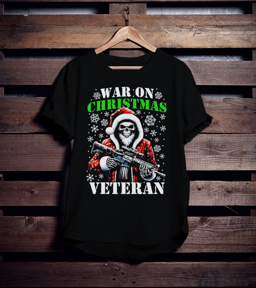 War On Christmas Veteran Skeleton Santa With Rifle Snowflakes T-Shirt