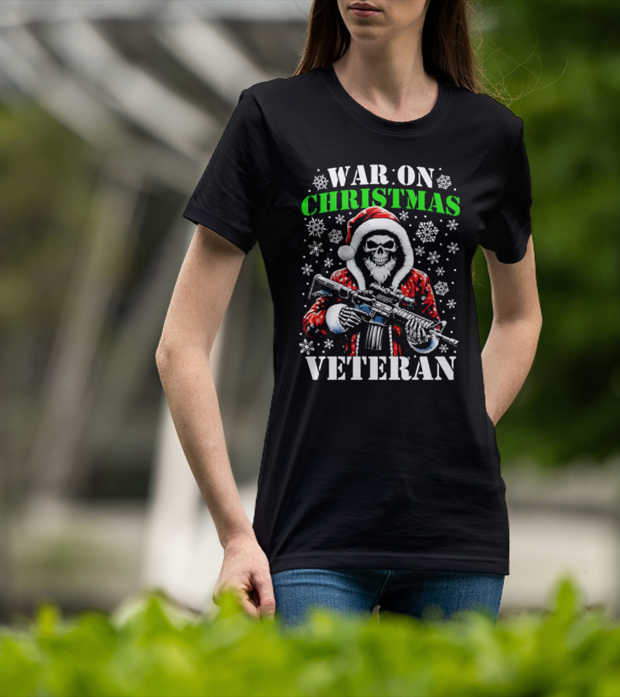 War On Christmas Veteran Skeleton Santa With Rifle Snowflakes T-Shirt