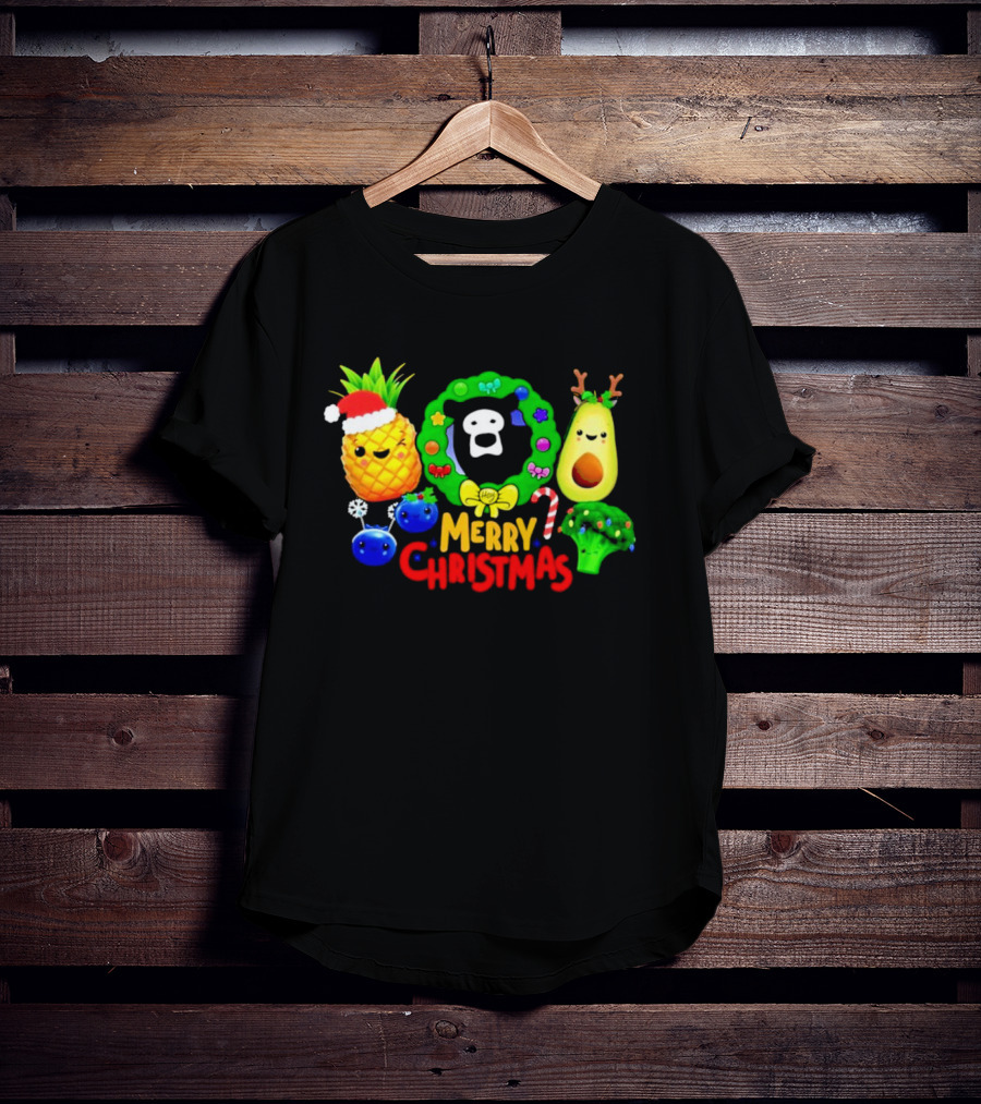 Hey Bear Sensory Merry Christmas Pineapple Avocado Broccoli Wreath T-Shirt