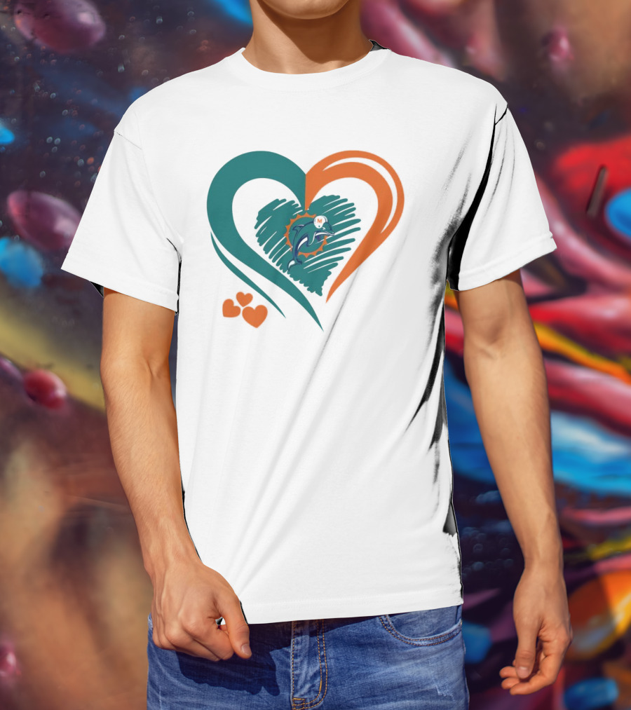 Miami Dolphins Heart Shape Emblem With Three Small Hearts T-Shirt