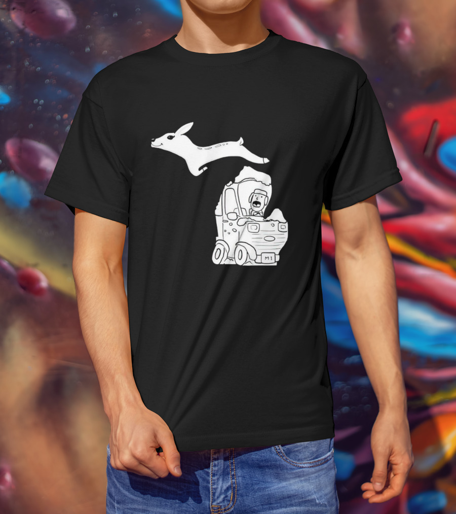 Michigan Deer Leaping Over Snowy Car With Driver T-Shirt
