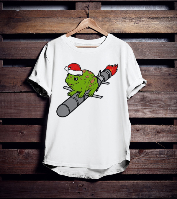 Missile Toad Christmas Frog With Santa Hat Riding A Rocket T-Shirt