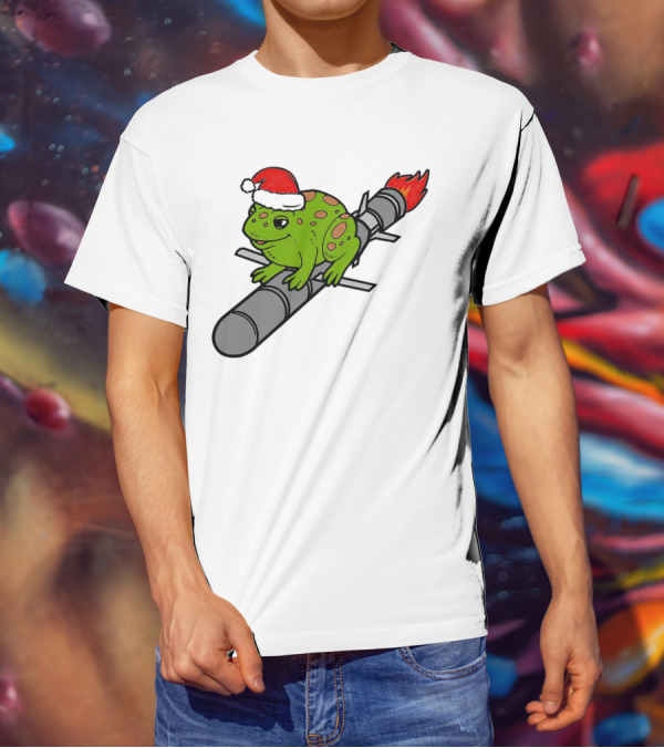 Missile Toad Christmas Frog With Santa Hat Riding A Rocket T-Shirt